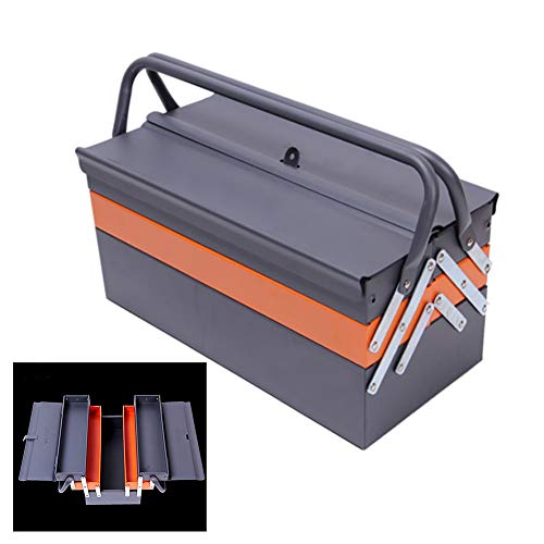 ZAANU Metal Tool Box Cantilever Toolbox,3-Tray Folding Storage Box with Carry Handles,Heavy Duty Steel Tool Chest Cabinet for Tool Storage(Orange+Gray),420×200×200MM (Gray,orange 420×200