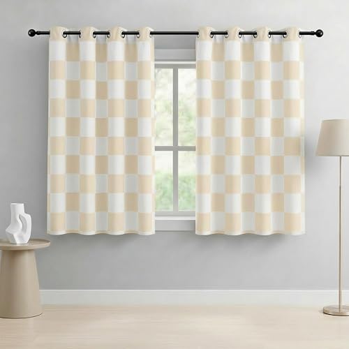 BOHOMOCASA 100% Blackout Checkered Curtains – 2 Panels, Each W52×L63, Thermal Insulated, Nosie Reducing for Bedroom, Modern Cream and White Checkerboard Design