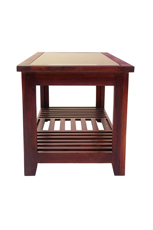 Image of Solid Sheesham Wood Modern Rectangular Coffee Table with Glass Top for Living Room with Bottom Storage Shelf /Glass Center Table for Sofa (Mahogany)
