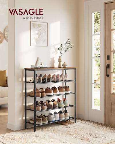 Image of VASAGLE 5-Tier Shoe Rack, Large Shoe Storage Organizer for Closet, Entryway, 18-24 Pairs, with 4 Metal Mesh Shelves, 10.8 x 29.5 x 36.6 Inches, Rustic Brown and Black ULBS115KD01