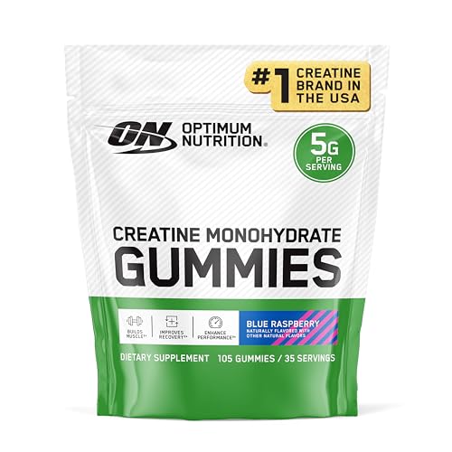 Optimum Nutrition Creatine Monohydrate Gummies, Blue Raspberry Flavor, 105 Count, 35 Servings, 5g Creatine per Serving (Packaging May Vary)