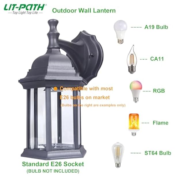 LIT-PaTH Outdoor Wall Lantern, Wall Sconce as Porch Lighting Fixture, E26 Medium Base Max 60W, Aluminum Housing Plus Glass, Matte Black Finish, 1-Pack