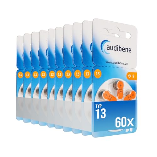 audibene Hörgerätebatterien Typ 13 orange, Batterien für Hörgeräte 60 Stück Vorratspack, Made in Germany, inkl. GRATIS Reinigungstuch, Wireless Approved, quecksilberfrei