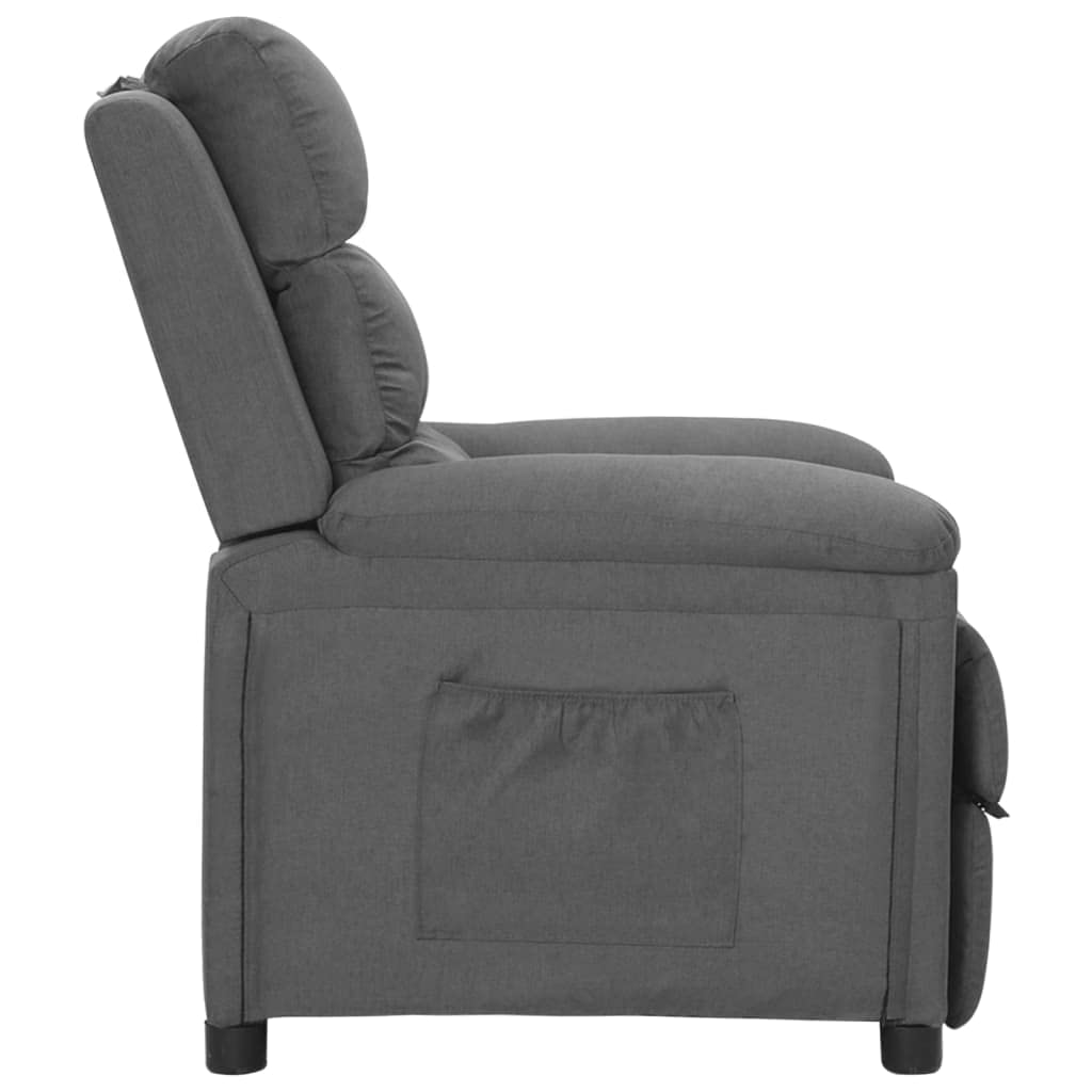 Fotel relaksacyjny, jasnoszary, materiał z ręczną funkcją leżenia, regulowane oparcie i podnóżek, ergonomiczny fotel tapicerowany z drewna i metalu, do salonu, kącika do czytania, biura i