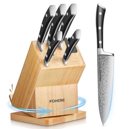Knife Sets, 6 Piece Kitchen Knives Sets with 360° Rotatable Block, High Carbon Stainless Steel Knivese with Chef, Slicing, Bread, Utility, Paring, Knife Holder with Sharpener and Cell Phone Stands