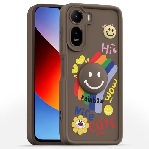 Image of Pikkme Back Cover for Redmi A7 Pro /Poco C85x 5G | Soft Silicone| Cute Rainbow Smile & 3D Cartoon Flower Design | Shockproof Raised Camera Protection Bumper Case (Brown)