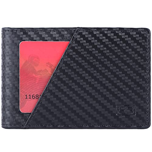 Image of Brooklyn Bridge Genuine Leather Money Clip Wallet for Men Carbon Fiber Black - Slim RFID Blocking Bifold Wallet, Stylish Front Pocket Card Holder with Cash Clip, Gift for Him
