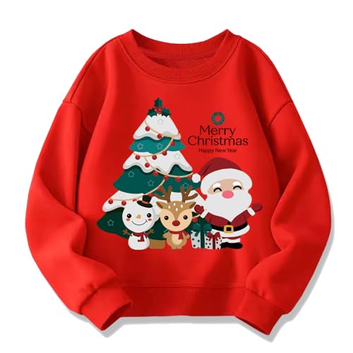 Image of QHKEPW Christmas Boys Girls Jumper Xmas Santa Claus Reindeer Snowman Kids Sweatshirt Toddler Top Long Sleeve Round Neck Cotton Casual Clothes T Shirt 7-8 Years Old Red