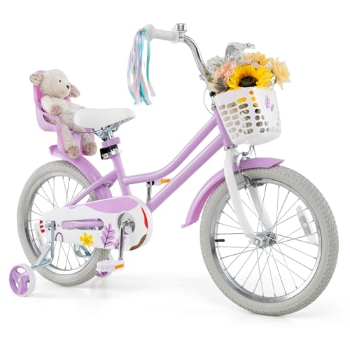 Image of BABY JOY Girls Bike with Streamers & Doll-Seat, Kids Bike for 3-8 Years Old | 12 14 16 18 20 Inch Children Bicycle w /Detachable Training Wheels or Kickstand, Storage Basket, Adjustable Seat and Handlebar