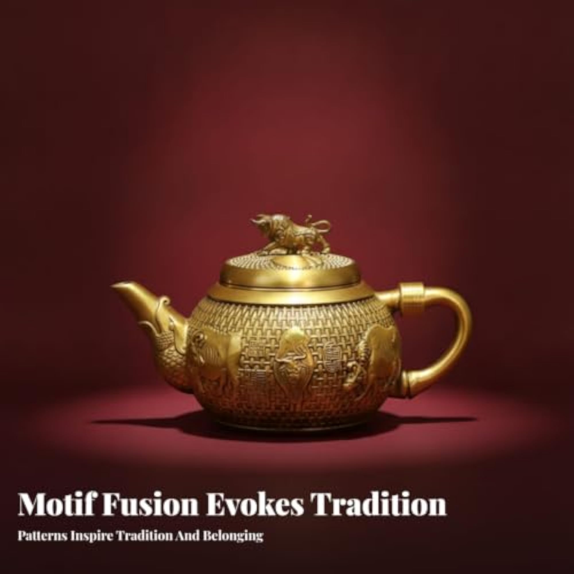 Woven Texture Brass Teapot Ornament, Embossed Gold Design