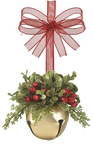 Gold Sleigh Bell 4" Kissing Krystals Christmas Mistletoe With Red Loop Christmas Tree Ornaments For Your Holiday Decor Decorations Xmas Gifts (Gold) #TOP16