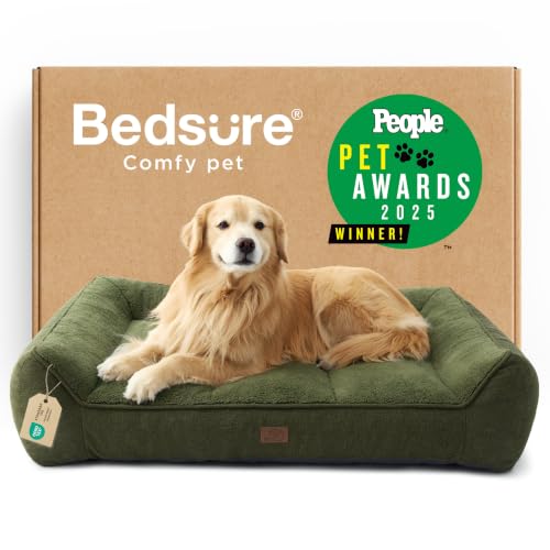 Image of Bedsure SupportMax XL Plus Orthopedic Dog Beds Large Sized Dog - Extra Thick Supportive Dogs Couch with Waterproof Washable Cover, Jumbo Comfort Pet Sofa with Soft Sherpa & Nonskid Bottom, Green, 48 inch