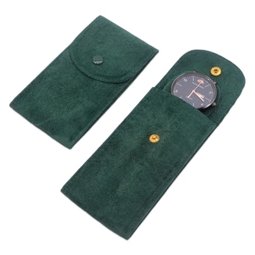 Set pratico: Set da viaggio composto da 2 custodie per orologi in verde scuro. Ogni custodia è dotata di un cuscinetto integrato per proteggere i tuoi orologi. La chiusura a pressione senza parti metalliche visibili garantisce maggiore sicurezza. Adatto per orologi, orologi da tasca e smartwatch di diverse dimensioni