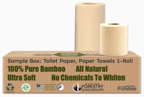 Purafide Premium-Quality, All-Natural Bamboo Combo Sample Box, Tree-Free, Chem-Free. Toilet paper, 3-Ply, 300 Sheets Per Roll. Paper Towels, 2-Ply, 90 Sheets Per Roll. TP 1 Roll & PT 1 Roll