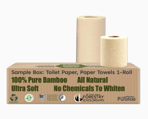 Purafide Premium-Quality, All-Natural Bamboo Combo Sample Box, Tree-Free, Chem-Free. Toilet Paper, 3-Ply, 300 Sheets Per Roll. Paper Towels, 2-Ply, 90 Sheets Per Roll. Tp 1 Roll & Pt 1 Roll #TOP1