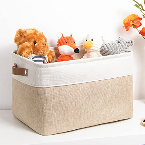 Image of DULLEMELO Fabric Storage Basket for Shelves /Closets, Collapsible Rectangle Basket for Organizing Clothes, Toys, Towels, Books, Laundry, Nursery, Dog Toy Basket Empty (White&Khaki)