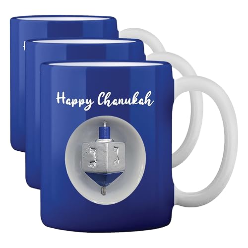 Ner Mitzvah Spinning Hanukkah Dreidel Mug - Happy Hanukkah Decorations - Blue & White Hanukkah Party Favors Idea (Pack of 3)