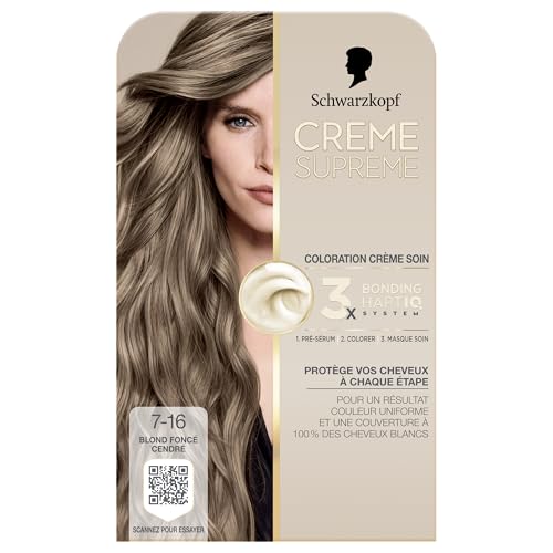 Creme Supreme - Schwarzkopf - Coloration Permanente- Resultat Couleur Uniforme - Coloration Creme Soin - Bonding - Pre-serum et Masque Soin - Couverture 100% Cheveux Blancs - 7-16 -Blond Fonce Cendre