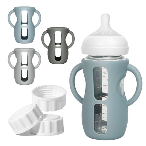 Image of 3 Pack Silicone Sleeves for Philips Avent Natural Glass Bottle Food Grade Anti Breakage Baby Bottle Holder with Handles and 3pcs Travel Bottle Caps (Dark Blue+Dark Green+Grey, 8oz)