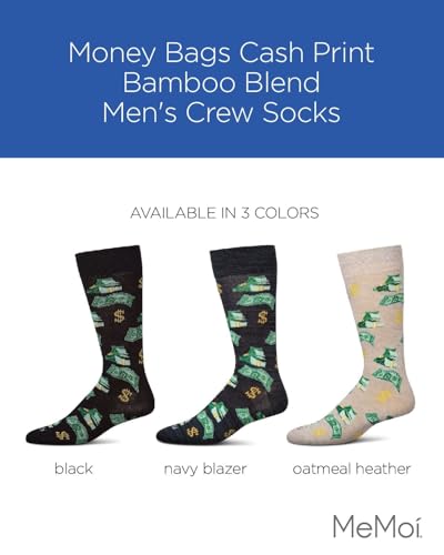 MeMoi Money Bags Cash Print Men's Socks, Rayon Blend Mens Crew Socks, Environmentally Friendly Fabric - Sizes 10-13, Black, 10-132