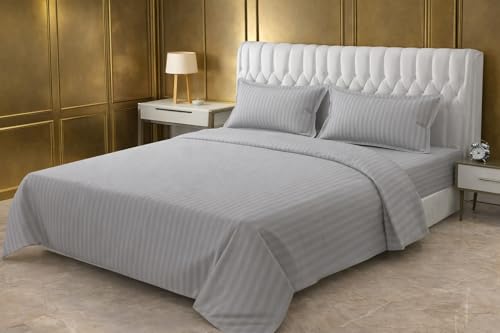 Image of Prozone Premium Satin Stripe Double Bedsheet with 2 Pillow Covers | Soft & Luxury Hotel Style Bedding for Double Bed (Gray)