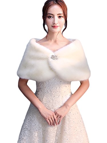 Lavaggio a mano Icegrey Donne Moda Scialli Con Spilla Di Strass Elegante Inverno Ecopelliccia Avvolgere Capispalla Caldo Per Matrimonio Sera Festa Bianco Avorio
