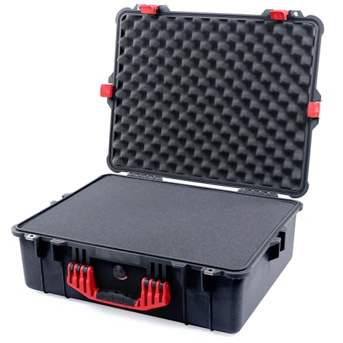 Pelican 1600 Case by ColorCase - Black - Large Size Waterproof Case with Pick & Pluck Foam Set & Convoluted Lid Foam - Red Handle & Latches