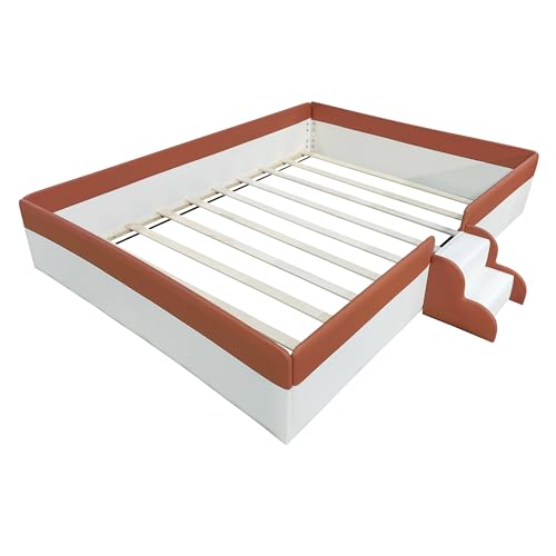 Merax King Size Kids Floor Bed, Daybed Frame with Fence and Stairs, Upholstered Wood Bed for Living Room, White+Brown by Merax - Used condition - Image 5