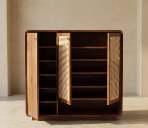 Image of Shoe Cabinet with Cane Detailing, Mango Wood, Solid Wooden Cane Shoe Rack Cabinet Storage with Shelf Storage for Entryway, Living Room, Balcony & Home (B-Hony)