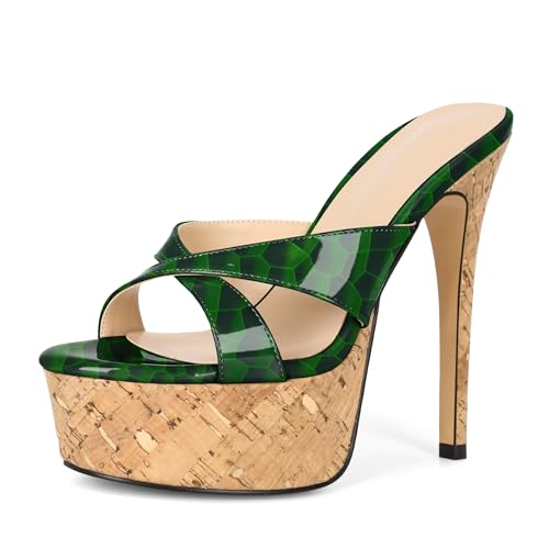 Image of Esvowido Heeled Mules for Women Cork Platform Stiletto Heels Slip on Open Toe High Heeled Sandals Crisscross Slippers Pumps Shoes