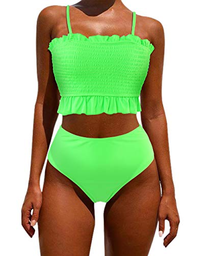 OMKAGI Women's Bandeau Bikini Sets Cute Shirred Swimsuit High Waisted Bathing Suit(M,Neon Green)