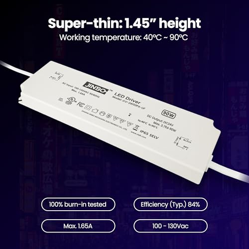 Image of Jinbo 90W 24V LED Driver, Power Supply, IP65 Waterproof, 3Years Warranty, Volts Transformer Adapter, Short Circuit Protection, Energy-Efficient & Reliable, LED Lights, Outdoor Light, UL Listed