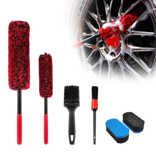 BWBWND 6PCS Car Wheel Cleaning Pro Kit, Soft Wheel Cleaner Tire Brush Detailing Brush with Applicator Pads, Scratch-Free Rim Brushes Tire Scrubber Dressing Pads for Vehicle Cleaning