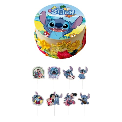 Dekozauber24 Disney Stitch Tortendeko Set 20cm Tortenaufleger mit 16 Cupcake Topper 8 Motive Vegetarisch Glutenfrei Laktosefrei Ohne Zuckerzusatz für Kindergeburtstage