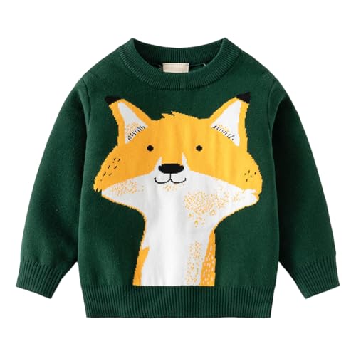 LUVCES Suéter de Punto para Niño Pequeño Lindo Jersey de Cuello Redondo Blusa de Manga Larga con Estampado Animal Sudadera Cálida para Niños Zorro Verde 4-5 Años