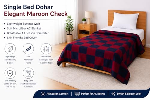 Image of Single Bed Dohar Royal Navy Maroon | Lightweight Summer Quilt | Soft Microfiber AC Blanket | Breathable All Season Comforter | Skin Friendly Bed Cover