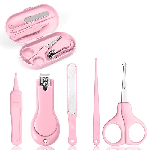 Vicloon Baby Care Set, 5-in-1 Baby Healthcare Kit with Baby Nail Clippers, Nail Scissors, Nail File, Tweezers, Ear Cleaner and Box, Baby Nail Care Set for Toddler, Newborn, Children – Pink