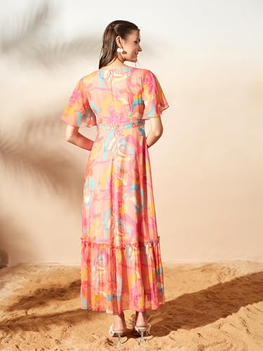 Image of Miss Chase Women's Floral V-Neck Flutter Sleeve Wrap Chiffon Maxi Dress