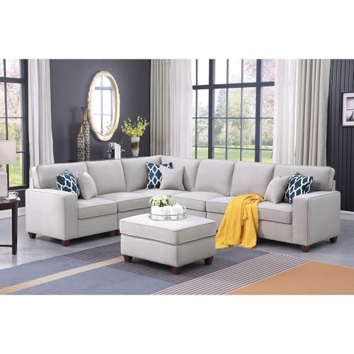 HomeStock Southwestern Sensibilities Upholstered Modern Linen Blend Fabric Sectional Sofa Set - Living Room Sectional Sofa with Ottoman, Living Room Sectional Couch Light Gray/7-Piece/Without Chaise - Best Fabric Sectionals