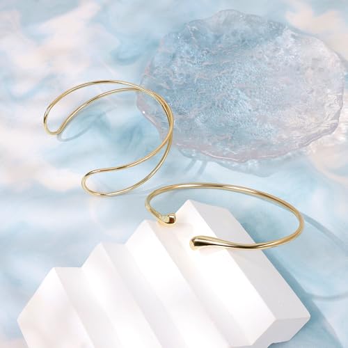 2Pcs Gold Arm Cuff for Women Adjustable Arm Cuff Bracelet Minimalist Open Coil Upper Arm Band Cuff Bangle Set2