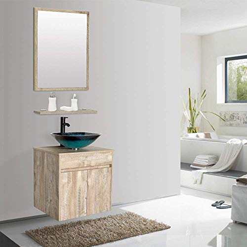 U-Eway 24 Wall Mounted Bathroom Vanity And Sink Combo,Natural Color Vanity Set, Turquoise Square Tempered Glass Vessel Sink Top,W/Orb Faucet,Pop Up Drain,Mirror Inc #TOP5