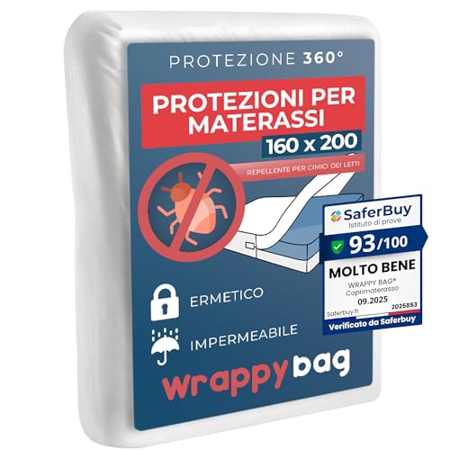 WRAPPYBAG Coprimaterasso Impermeabile Antiacaro e Cimici – Fodera per Materasso Senza Trattamenti Chimici – Per materassi 160x200 – Disponibile in 15 Dimensioni e Altezze