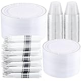 WELLIFE 350-Piece Silver Plastic Dinnerware Set - Disposable 10.25' Dinner Plates, 7.5' Dessert Plates, 9oz Silver Rim Cups & Cutlery for Weddings - 50 Guest Service - Elegant Disposable Silverware
