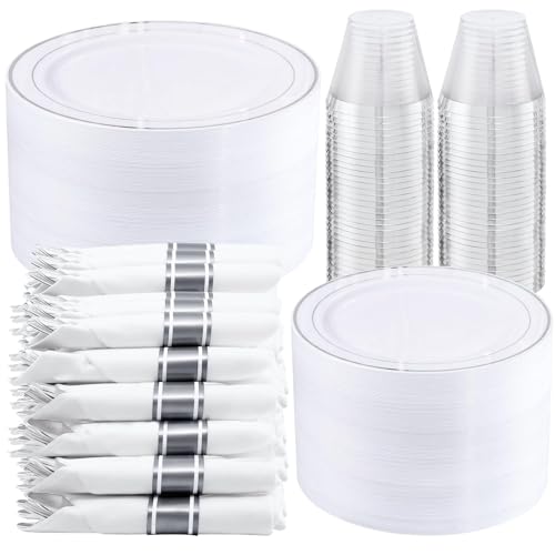 WELLIFE 350-Piece Silver Plastic Dinnerware Set - Disposable 10.25" Dinner Plates, 7.5" Dessert Plates, 9oz Silver Rim Cups & Cutlery for Weddings - 50 Guest Service - Elegant Disposable Silverware by WELLIFE - Used condition - US$44.68