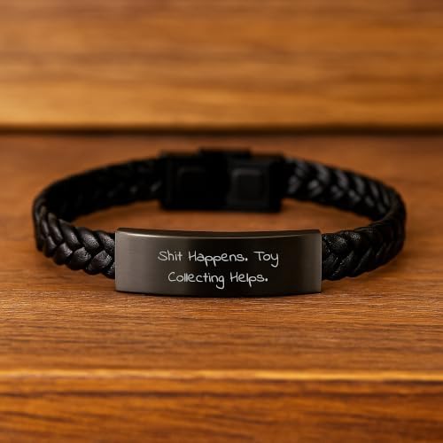 Funny Toy Collecting Gifts for Men Graduation Unique Interlaced Leather Bracelets from Friends, Sarcasm Quote Shit Happens. Toy Collecting Helps., Stainless Steel PU Leather image 5