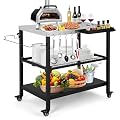 Tyfnry Outdoor Grill Cart,36 Inch Stainless Steel Pizza Oven Table with Lockable Wheels, Hooks & Adjustable Mesh, Metal Kitchen Cart Island, Black(36.2'' D x 19.6''W x 31.4''H)