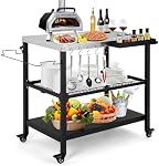 Outdoor Grill Cart, 3-Tier Rolling Prep Dining Cart Pizza Oven Stand Table with Lockable Casters, Hooks & Adjustable Mesh, Metal Kitchen Cart Island, Black