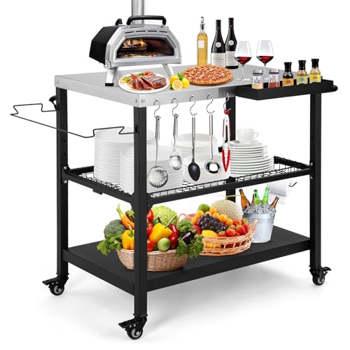 Tyfnry - Tyfnry Outdoor Grill Cart, 3-Tier Rolling Prep Dining Cart Pizza Oven Stand Table with Lockable Casters, Hooks & Adjustable Mesh, Metal Kitchen Cart Island, Black