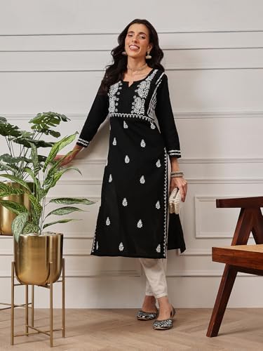 Image of Ada Women's Cotton Straight Fit Tunic Hand Embroidered Straight Lucknow Chikankari Kurta Kurti A411435