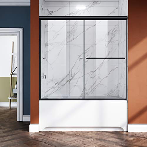 Elegant Bathtub Sliding Shower Door 60" W X 62" H Double Glass Tub Enclosure Shower Door,1/4 In. Clear Glass Tub Shower Doors，Black Hardware #TOP13